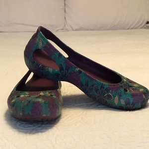 Teal and purple kadee style crocs